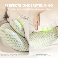 Schwangerschaftskissen, ergonomisch, grün-weiß, für Rücken- und Bauchunterstützung, bequem.