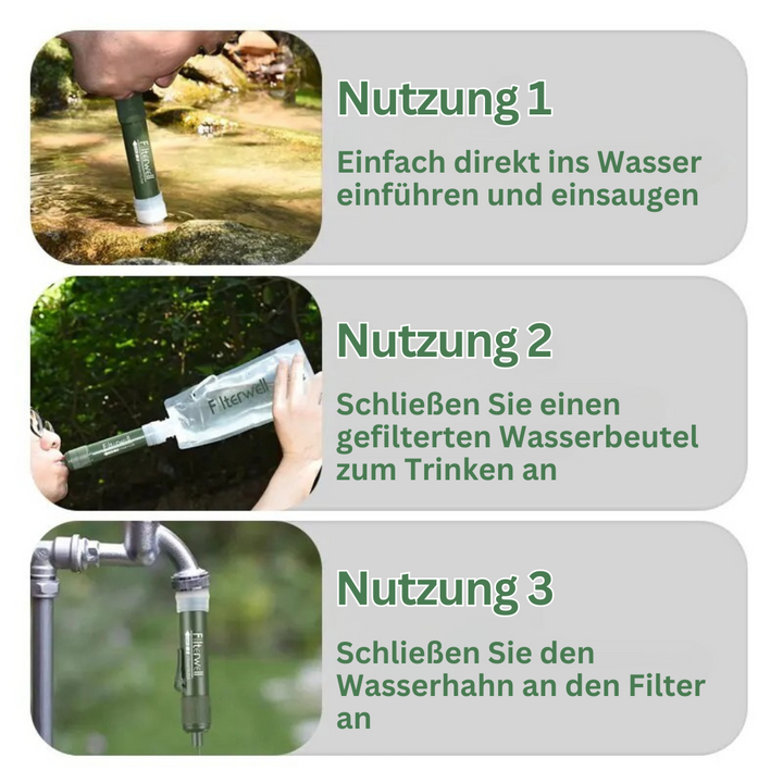 Tragbarer Wasserfilter, grün, für Outdoor-Aktivitäten, direktes Trinken aus natürlichen Quellen.