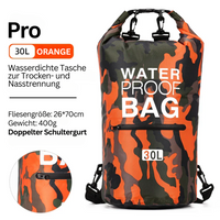 Wasserdichte Tasche, 30L, orange Camouflage, doppelte Schultergurte, für Trocken- und Nassaufbewahrung.
