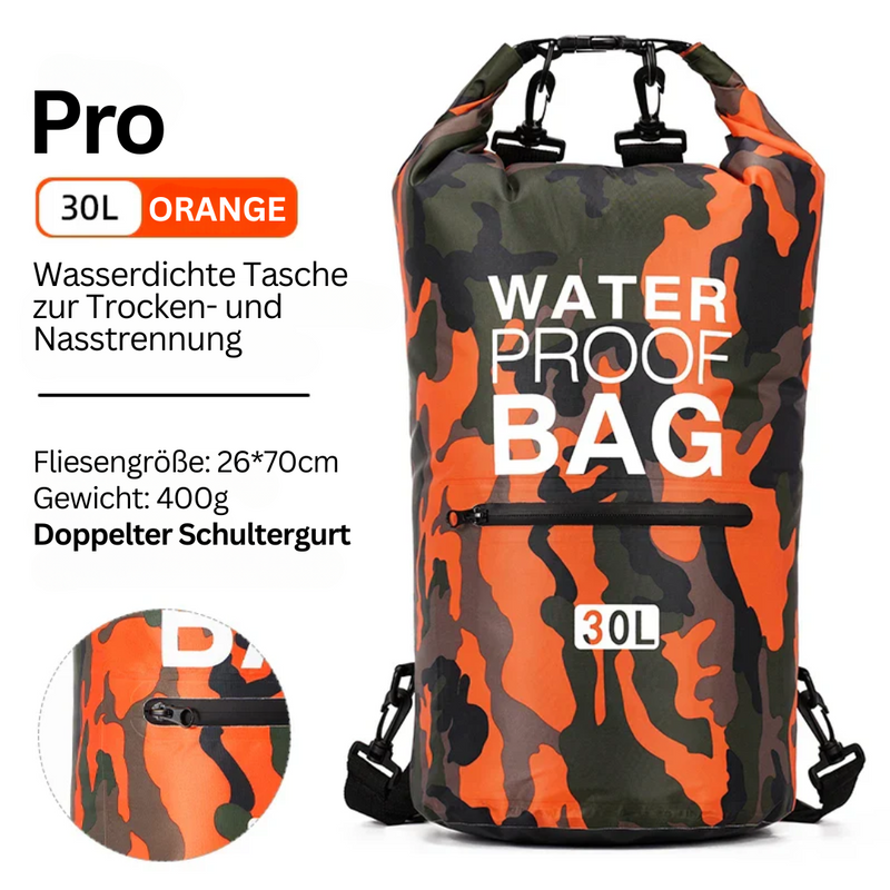Wasserdichte Tasche, 30L, orange Camouflage, doppelte Schultergurte, für Trocken- und Nassaufbewahrung.