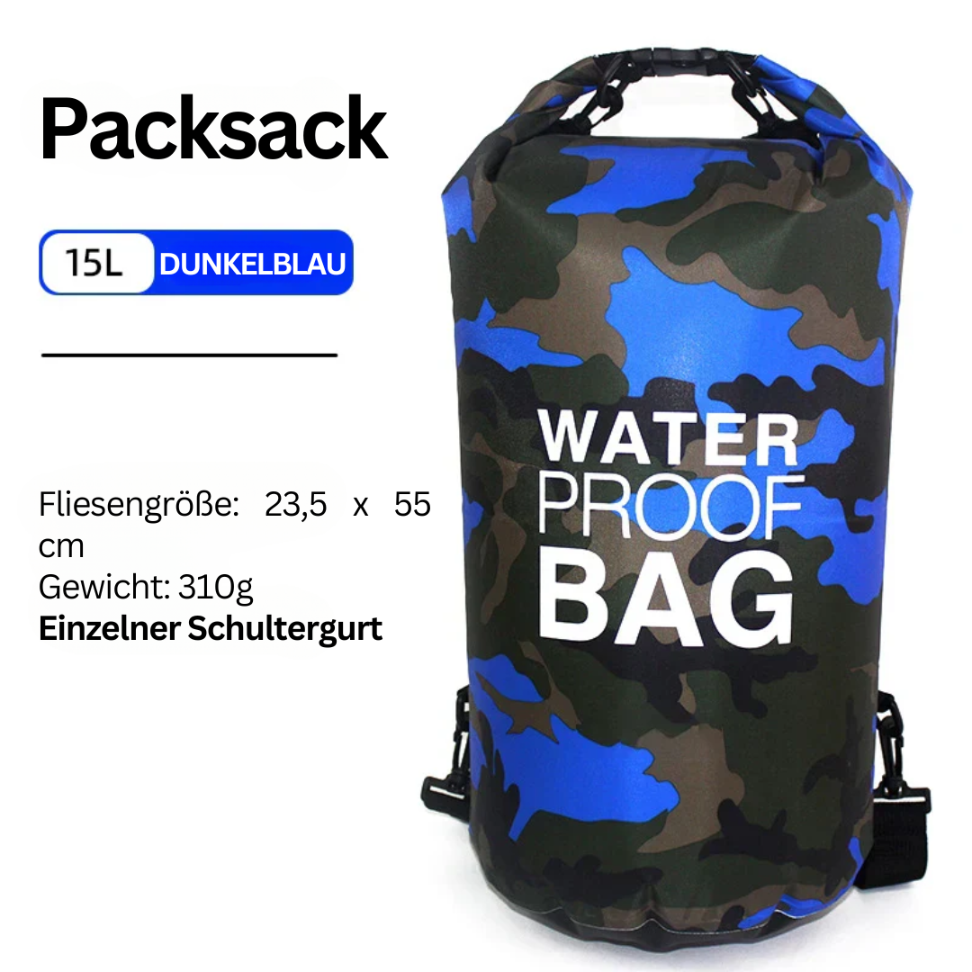 Dunkelblauer wasserdichter Packsack 15L, Camouflage-Design, ideal für Outdoor-Aktivitäten.