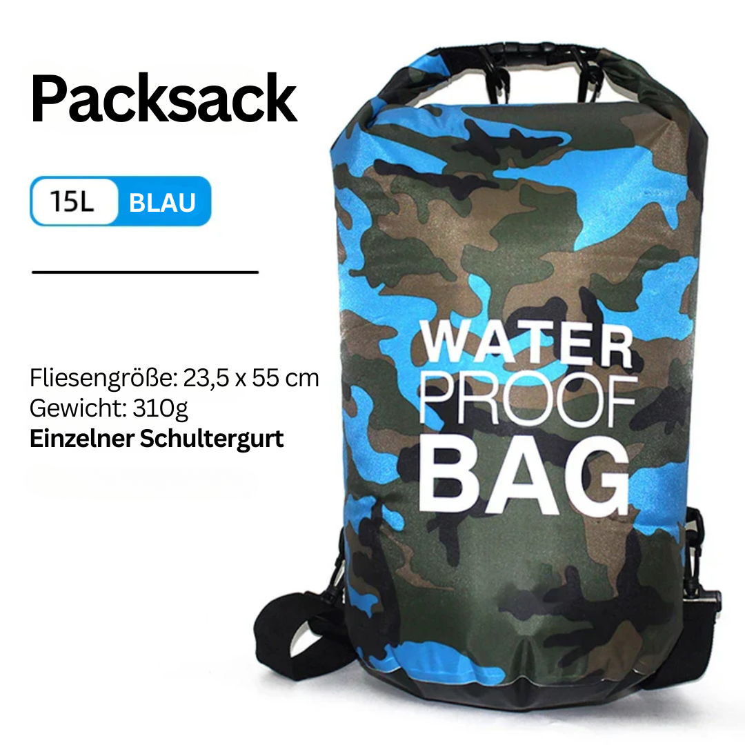 Wasserdichter Packsack 15L, blau, Camouflage-Design, einzelner Schultergurt, 23,5x55 cm.
