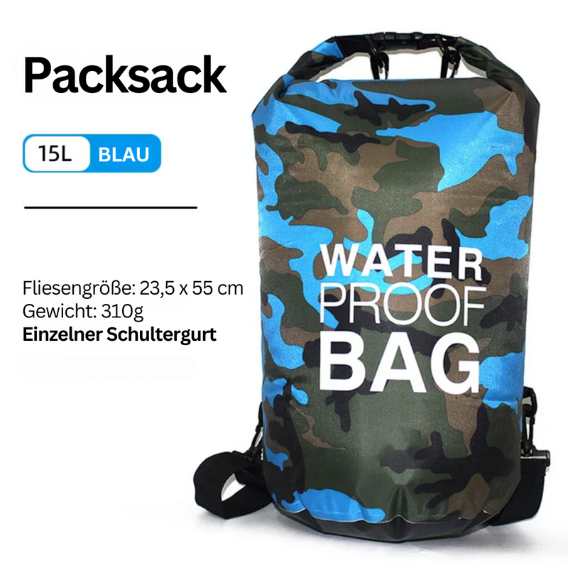 Wasserdichter Packsack 15L, blau, Camouflage-Design, einzelner Schultergurt, 23,5x55 cm.
