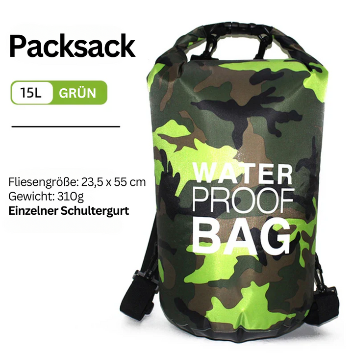 Wasserdichter Packsack 15L, grün, Camouflage-Design, mit Schultergurt, ideal für Outdoor-Aktivitäten.