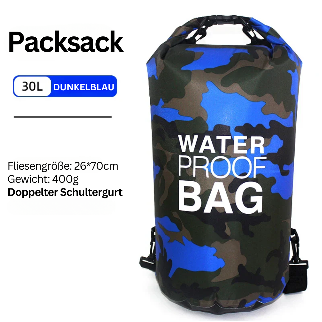 Wasserdichter Packsack 30L, dunkelblau, Camouflage, doppelte Schultergurte, 26x70cm, 400g.
