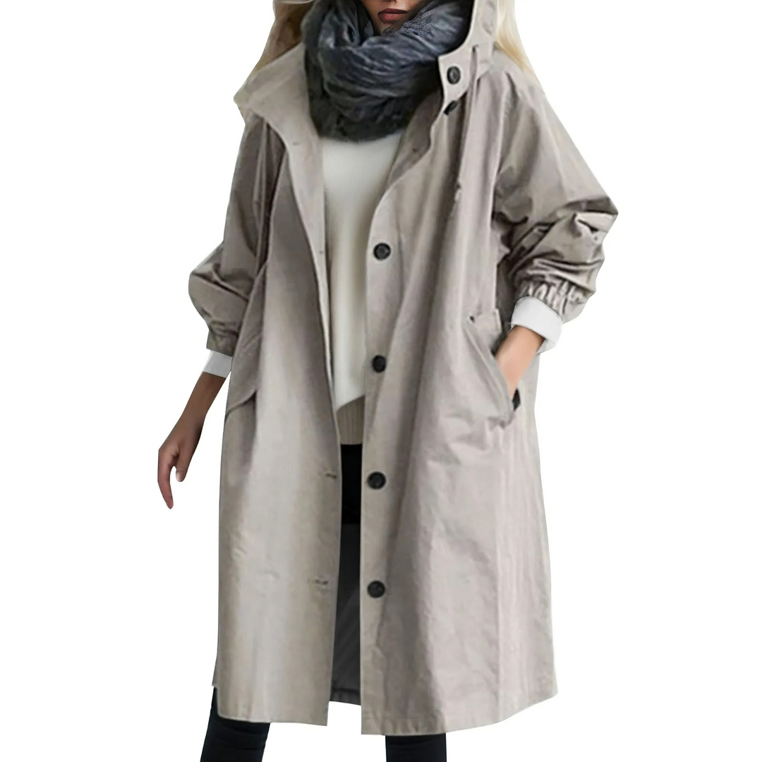 Damen Trenchcoat mit Kapuze, winddicht, beige, Knöpfe, Herbstmode, lässig, elegant.