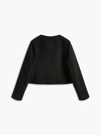 Schwarze Damenjacke, elegant, langärmelig, aus Baumwolle, Rückansicht, modisch, klassisch.