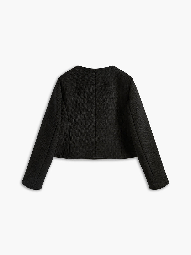 Schwarze Damenjacke, elegant, langärmelig, aus Baumwolle, Rückansicht, modisch, klassisch.