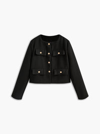 Schwarze Damenjacke mit goldenen Knöpfen, elegantes Design, vier Taschen, Herbstmode.