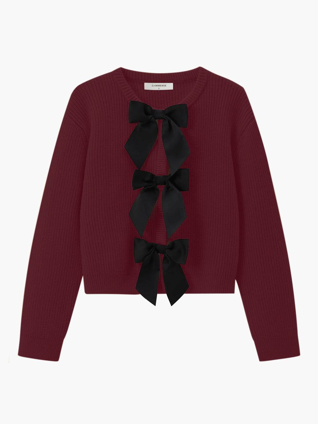 Damenpullover bordeaux mit schwarzen Schleifen, Strick, elegant, modisch, Herbstmode.