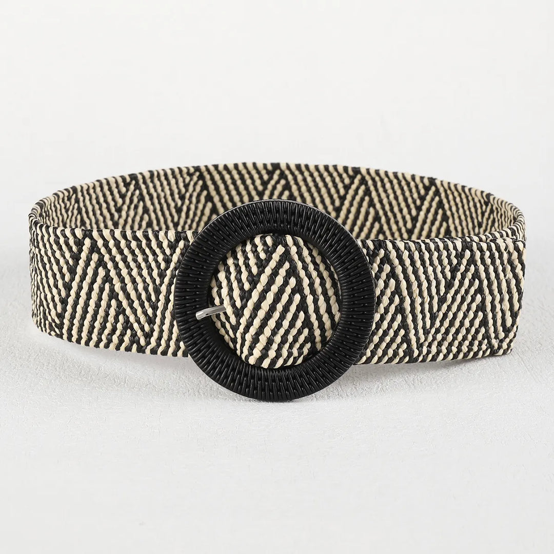 Schwarzer und beiger gewebter Gürtel mit rundem Verschluss, geometrisches Muster, Damenmode.