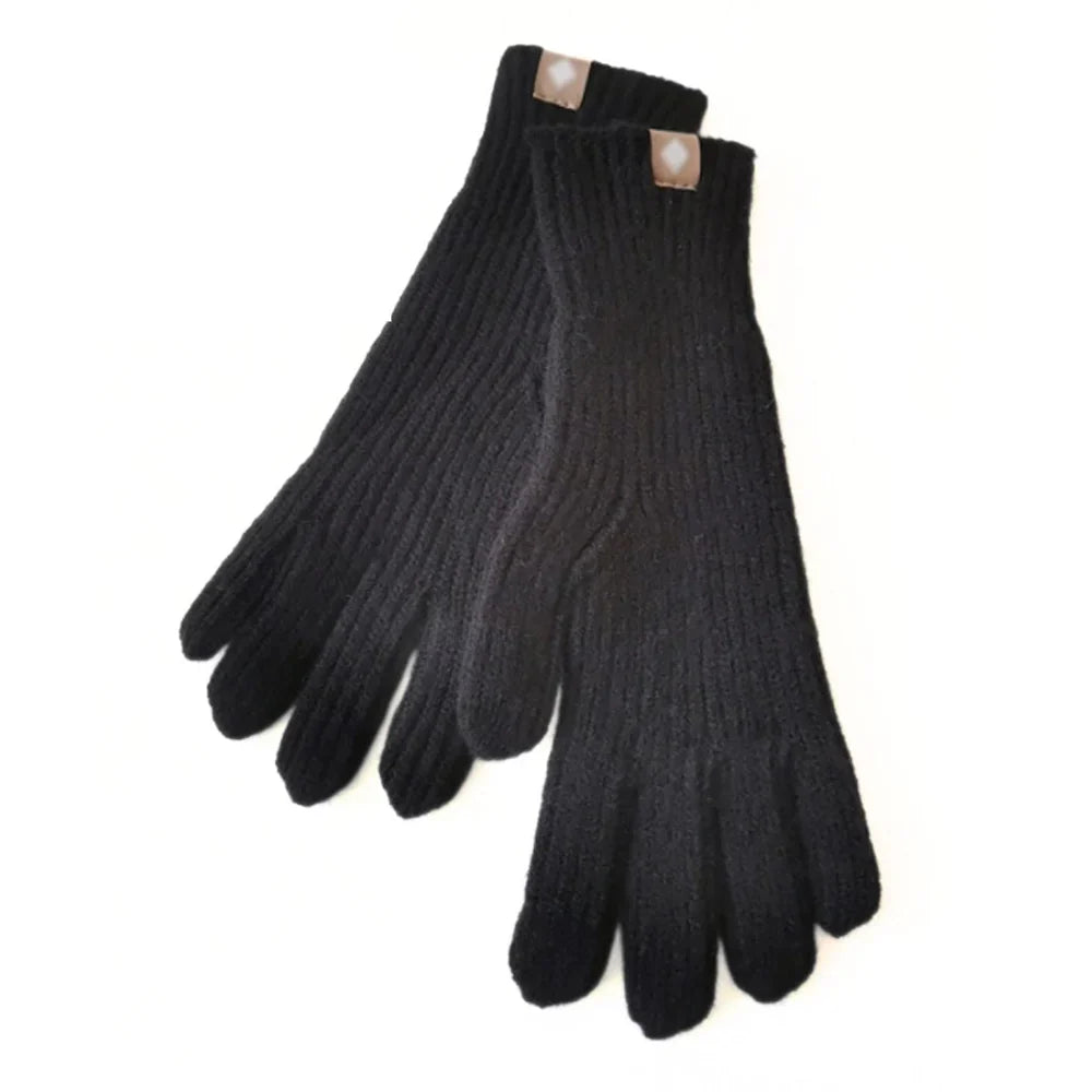Schwarze Strickhandschuhe aus Wolle, warm, mit Lederdetails, ideal für Winterkleidung.