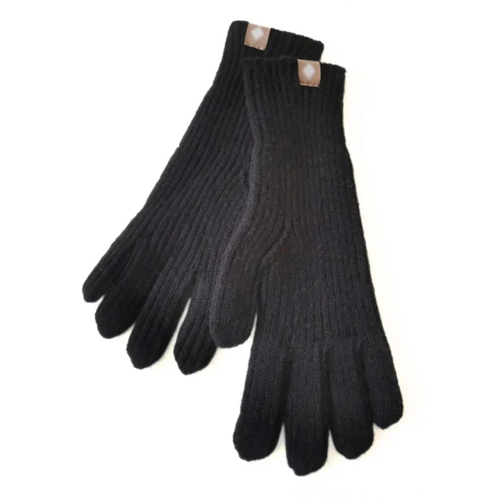 Schwarze Strickhandschuhe aus Wolle, warm, mit Lederdetails, ideal für Winterkleidung.