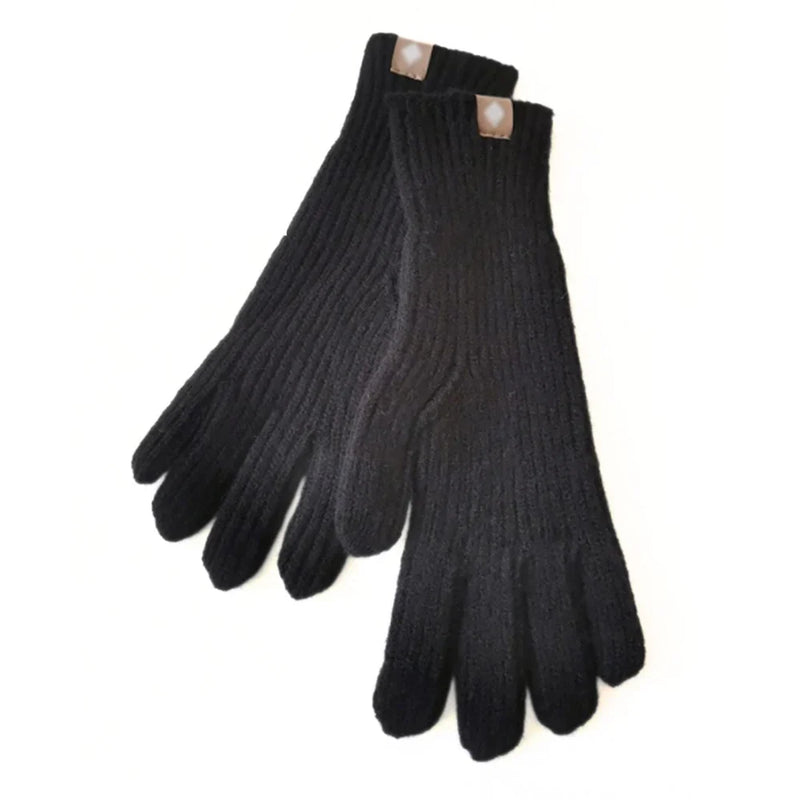 Schwarze Strickhandschuhe aus Wolle, warm, mit Lederdetails, ideal für Winterkleidung.