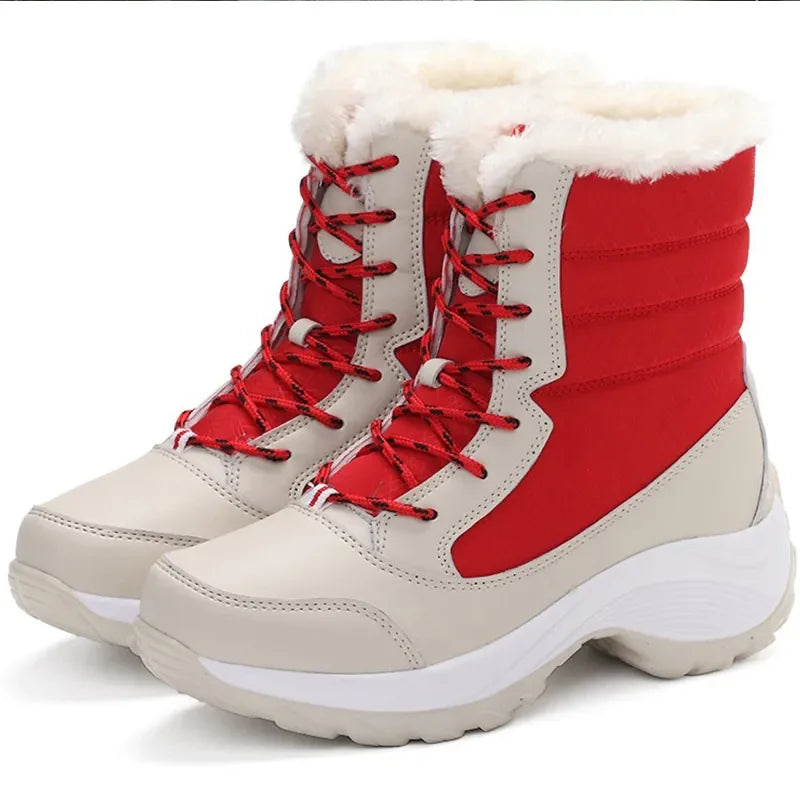 Damen-Winterstiefel, rot-beige, dicke Sohle, Plüschfutter, Outdoor, warme Schuhe.