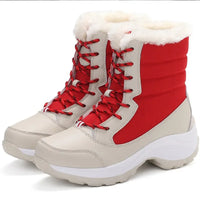 Damen-Winterstiefel, rot-beige, dicke Sohle, Plüschfutter, Outdoor, warme Schuhe.