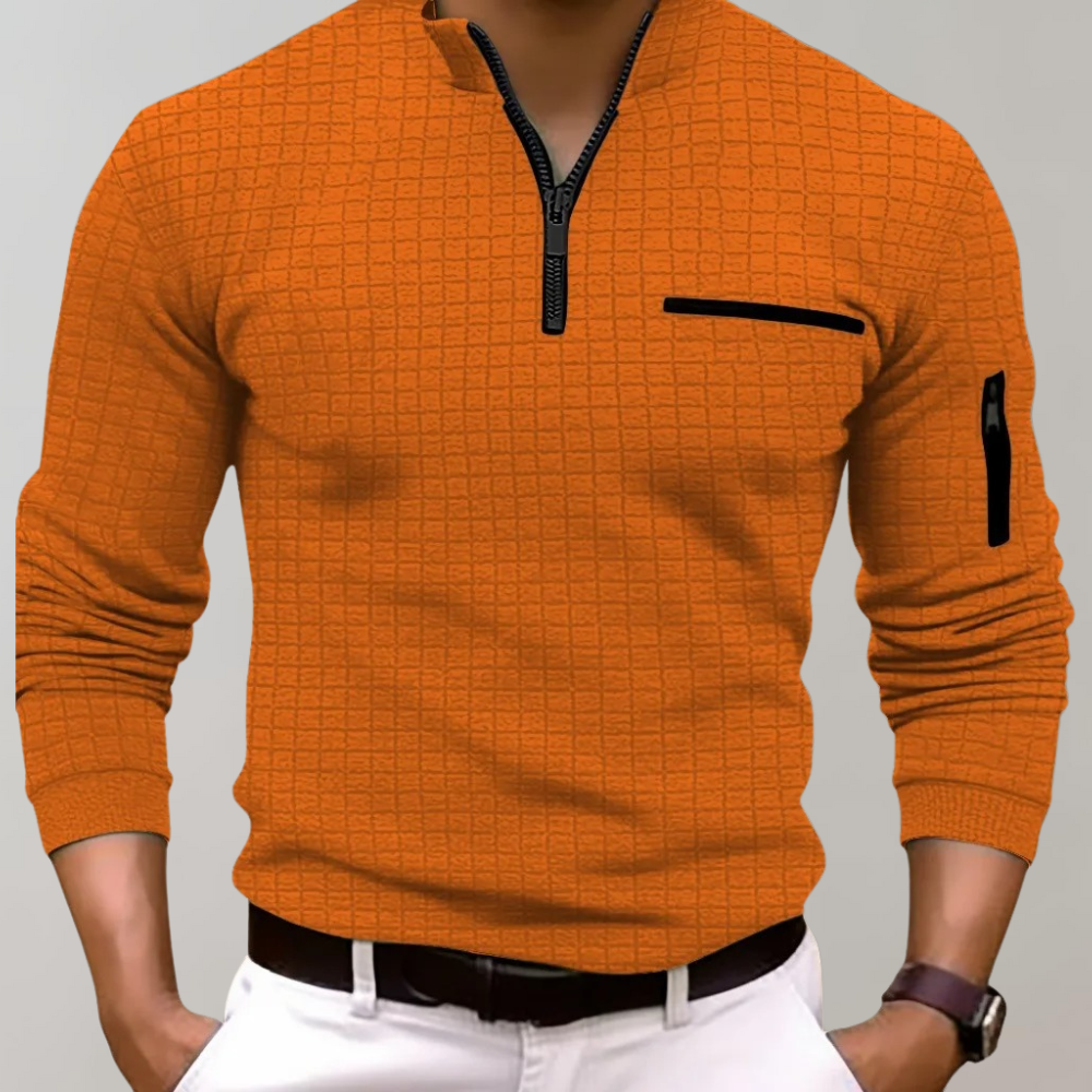 Orange Herren-Poloshirt mit Reißverschluss, Langarm, kariertes Muster, modisch, bequem.