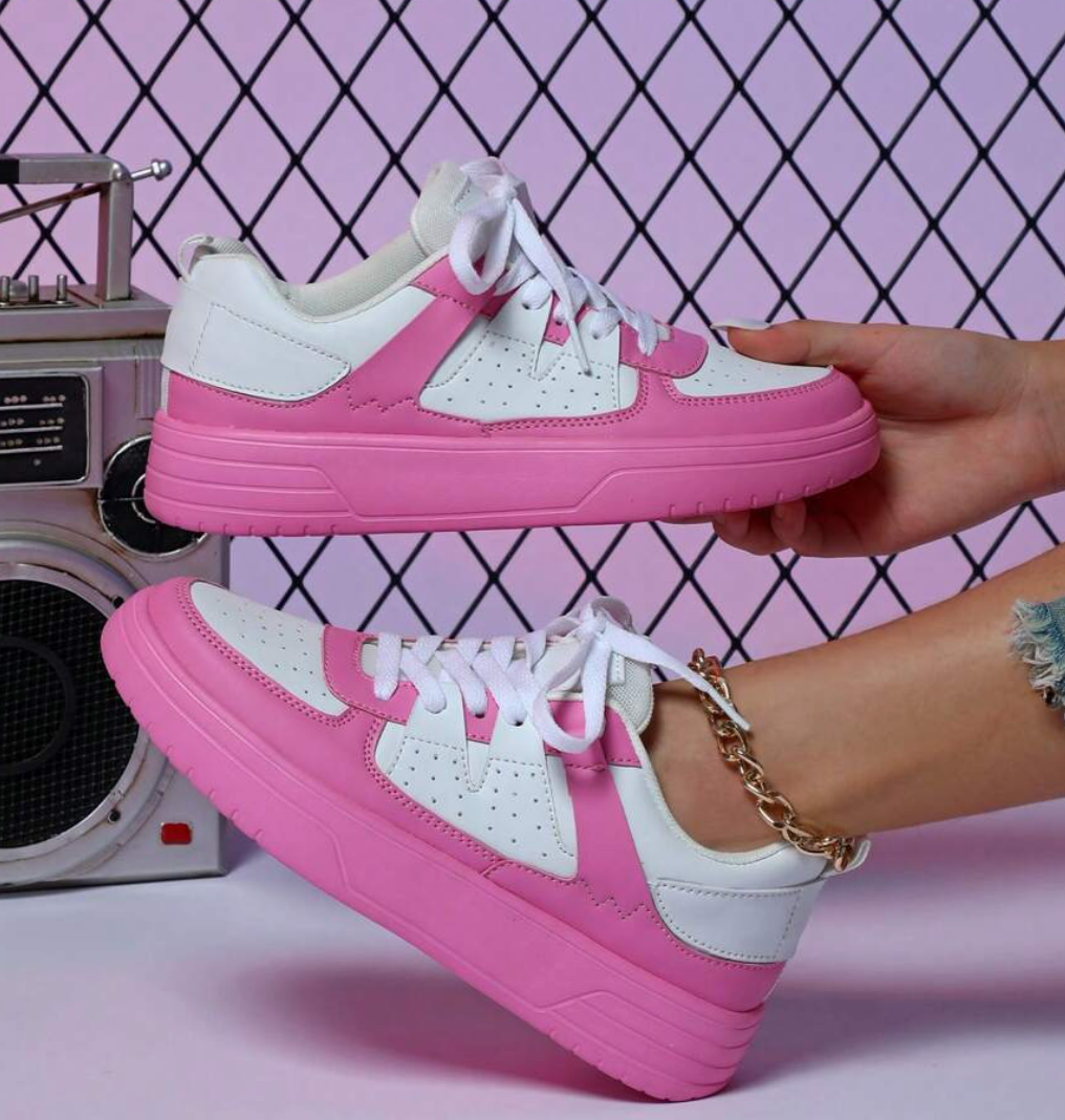 Weiße und pinke Sneaker, Damen, mit Retro-Radio, modisch, Freizeit, Turnschuhe, Lederoptik.