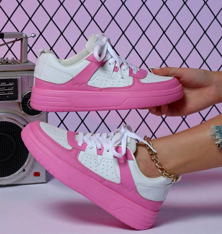 Weiße und pinke Sneaker, Damen, mit Retro-Radio, modisch, Freizeit, Turnschuhe, Lederoptik.