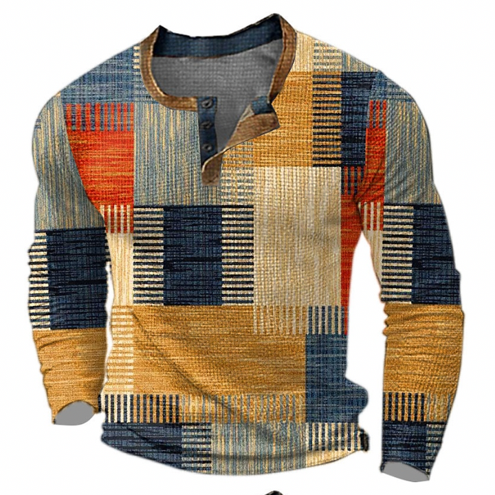 Langarmshirt Herren, Patchwork-Muster, Knopfleiste, bunt, Baumwolle, modisch, Freizeitkleidung