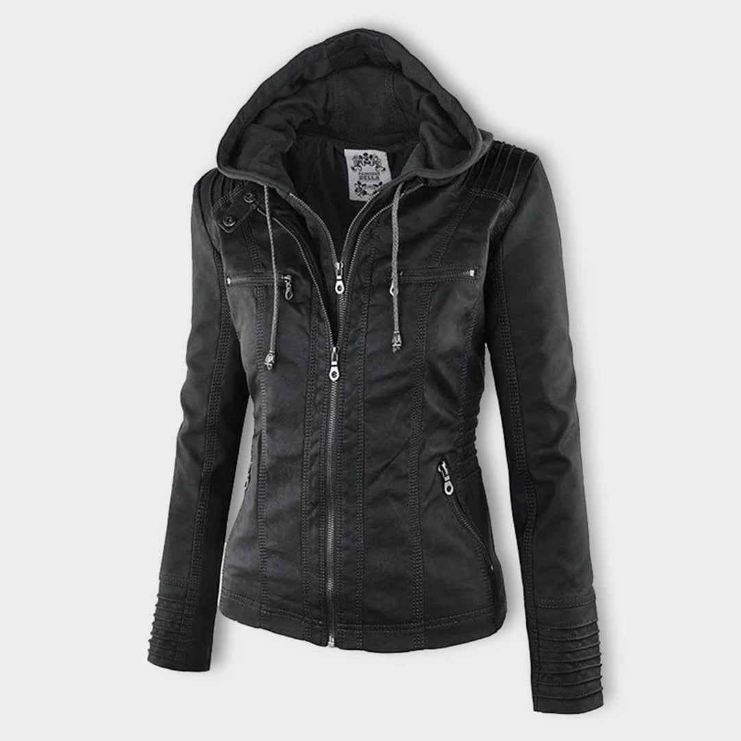 Schwarze Damen-Lederjacke mit Kapuze, Reißverschlüssen und Taschen, modisch und elegant.