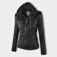 Schwarze Damen-Lederjacke mit Kapuze, Reißverschlüssen und Taschen, modisch und elegant.