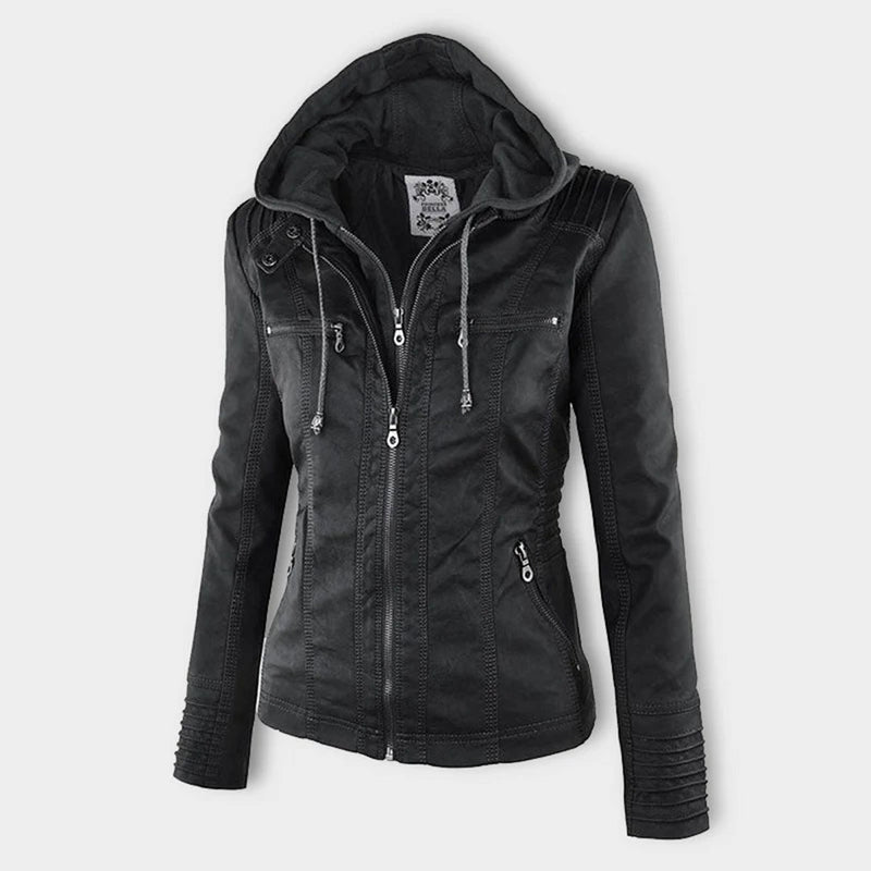 Schwarze Damen-Lederjacke mit Kapuze, Reißverschlüssen und Taschen, modisch und elegant.