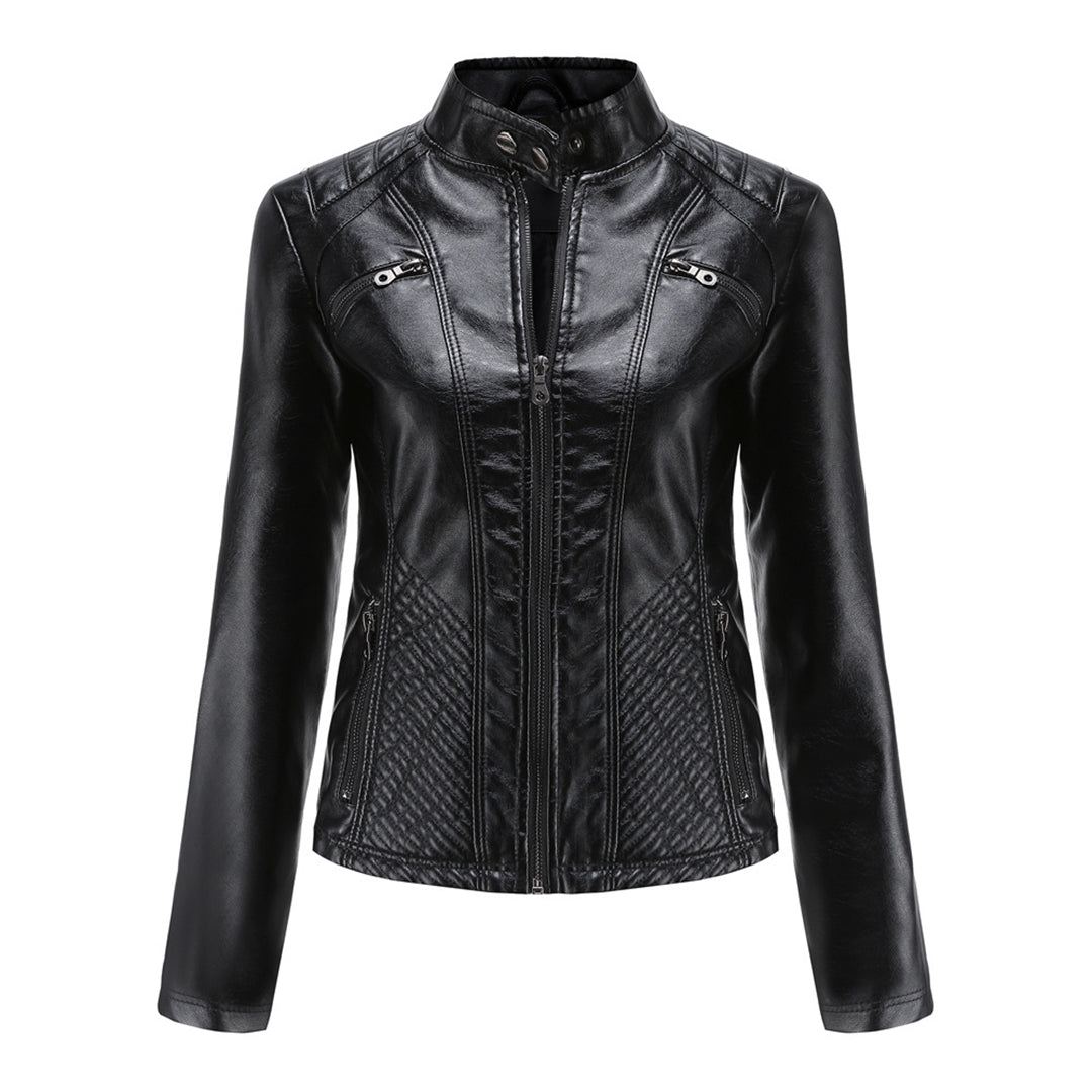 Schwarze Lederjacke für Damen, Reißverschluss, Stehkragen, modisch, elegant, Biker-Stil.