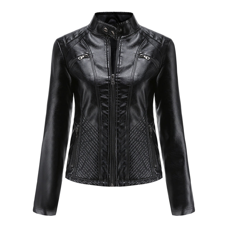 Schwarze Lederjacke für Damen, Reißverschluss, Stehkragen, modisch, elegant, Biker-Stil.