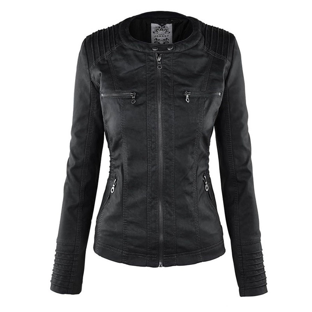 Schwarze Lederjacke für Damen, Reißverschlüsse, Biker-Stil, modisch, elegant, hochwertig.