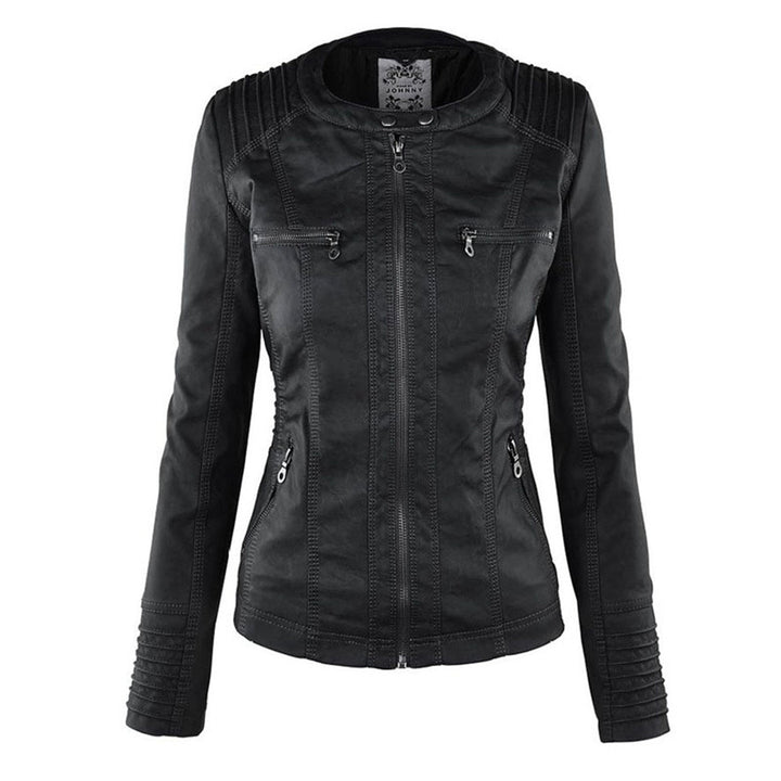 Schwarze Lederjacke für Damen, Reißverschlüsse, Biker-Stil, modisch, elegant, hochwertig.