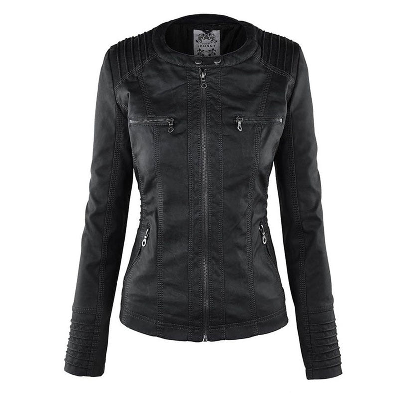Schwarze Lederjacke für Damen, Reißverschlüsse, Biker-Stil, modisch, elegant, hochwertig.