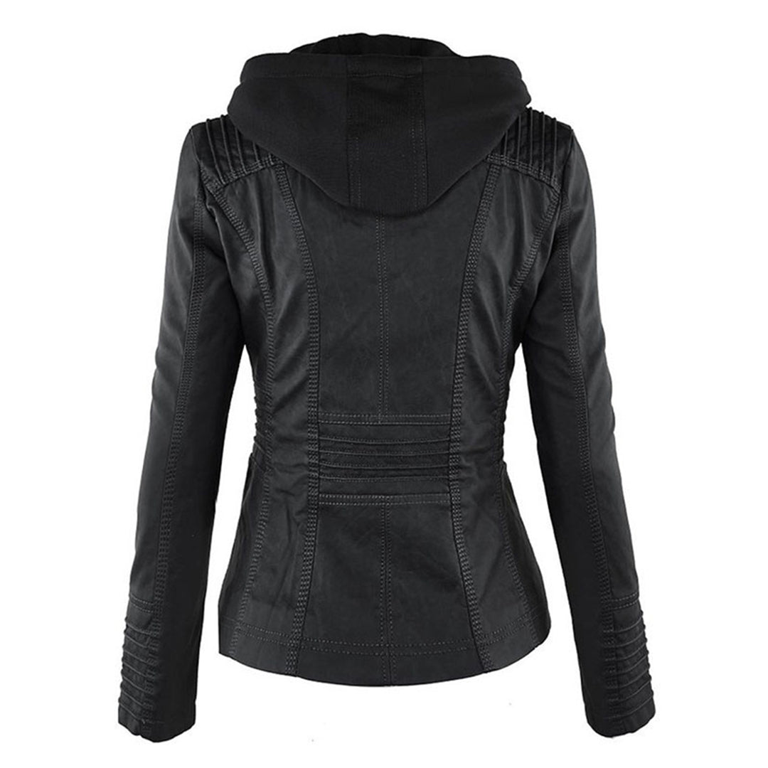 Schwarze Damen-Lederjacke mit Kapuze, stilvoll und modern, Rückansicht.