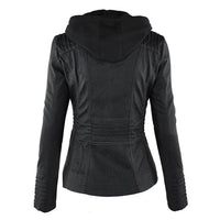 Schwarze Damen-Lederjacke mit Kapuze, stilvoll und modern, Rückansicht.