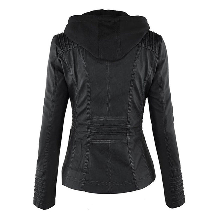 Schwarze Damen-Lederjacke mit Kapuze, stilvoll und modern, Rückansicht.