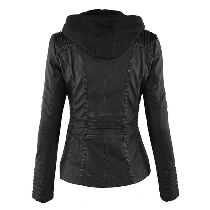 Schwarze Damen-Lederjacke mit Kapuze, stilvoll und modern, Rückansicht.