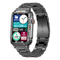 Schwarze Edelstahl-Smartwatch mit Metallarmband, Fitness-Tracker, Wetteranzeige, Uhrzeit.