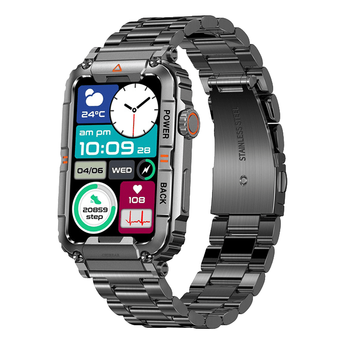 Schwarze Edelstahl-Smartwatch mit Metallarmband, Fitness-Tracker, Wetteranzeige, Uhrzeit.