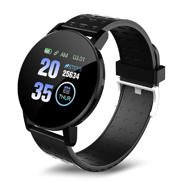 Schwarze Smartwatch mit rundem Display, Fitness-Tracker, Silikonarmband, digitale Anzeige.