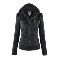 Schwarze Damen-Lederjacke mit Kapuze, Reißverschlüssen und Taschen, modisch und vielseitig.