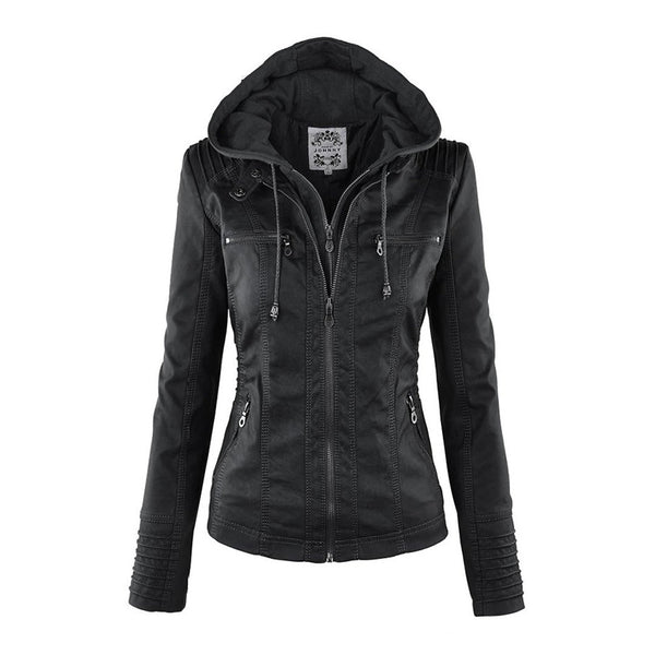 Schwarze Damen-Lederjacke mit Kapuze, Reißverschlüssen und Taschen, modisch und vielseitig.