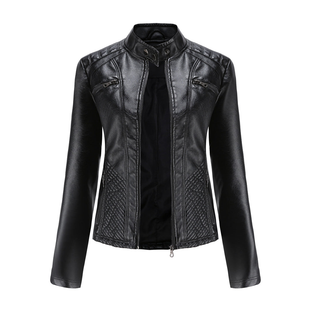 Schwarze Lederjacke für Damen, Biker-Stil, Reißverschluss, Stehkragen, modisch.