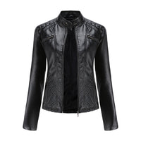 Schwarze Lederjacke für Damen, Biker-Stil, Reißverschluss, Stehkragen, modisch.