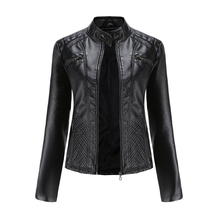Schwarze Lederjacke für Damen, Biker-Stil, Reißverschluss, Stehkragen, modisch.