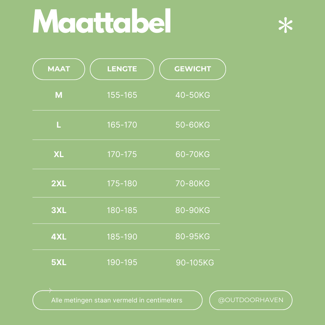Größentabelle für Kleidung, grün, minimalistisch, Größen M bis 5XL, Maße in cm.