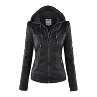 Schwarze Damen-Lederjacke mit Kapuze, Reißverschlüssen, modisch, elegant, Herbstbekleidung.