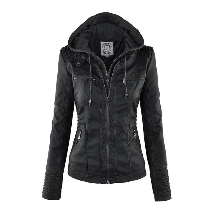 Schwarze Damen-Lederjacke mit Kapuze, Reißverschlüssen, modisch, elegant, Herbstbekleidung.