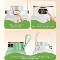 Tragbarer weißer Mixer mit Display und Deckel, ideal für Reisen und einfache Reinigung.