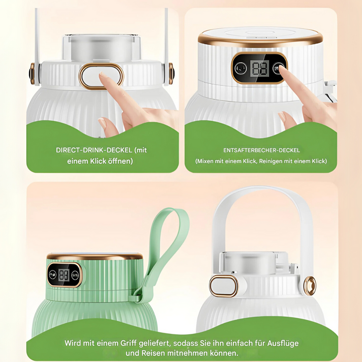 Tragbarer weißer Mixer mit Display und Deckel, ideal für Reisen und einfache Reinigung.