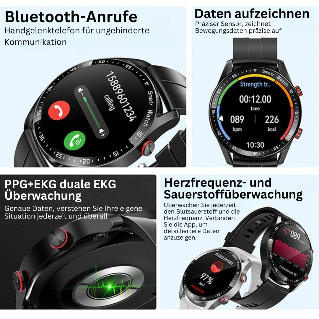 Smartwatch mit Bluetooth-Anrufen, Herzfrequenz- und Sauerstoffüberwachung, schwarz, modern.